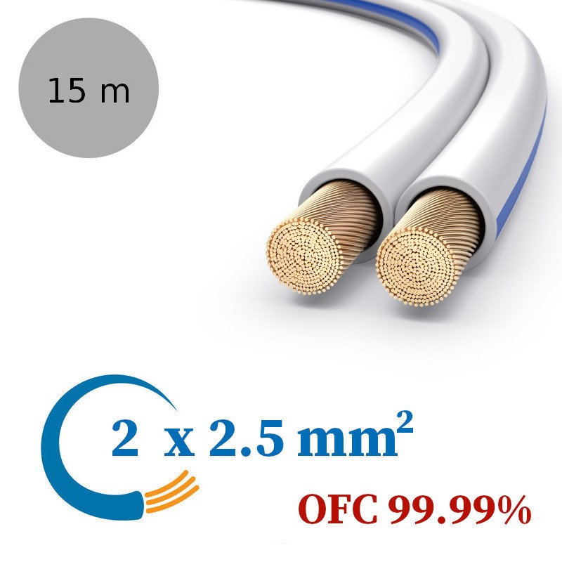 Câble de haut-parleur Hifi Set comprenant 4 fiches bananes PureLink SP060-015 Câble denceinte 2 x 2,5mm² transparent 15m 99,9% OFC cuivre massif 0,20 mm 